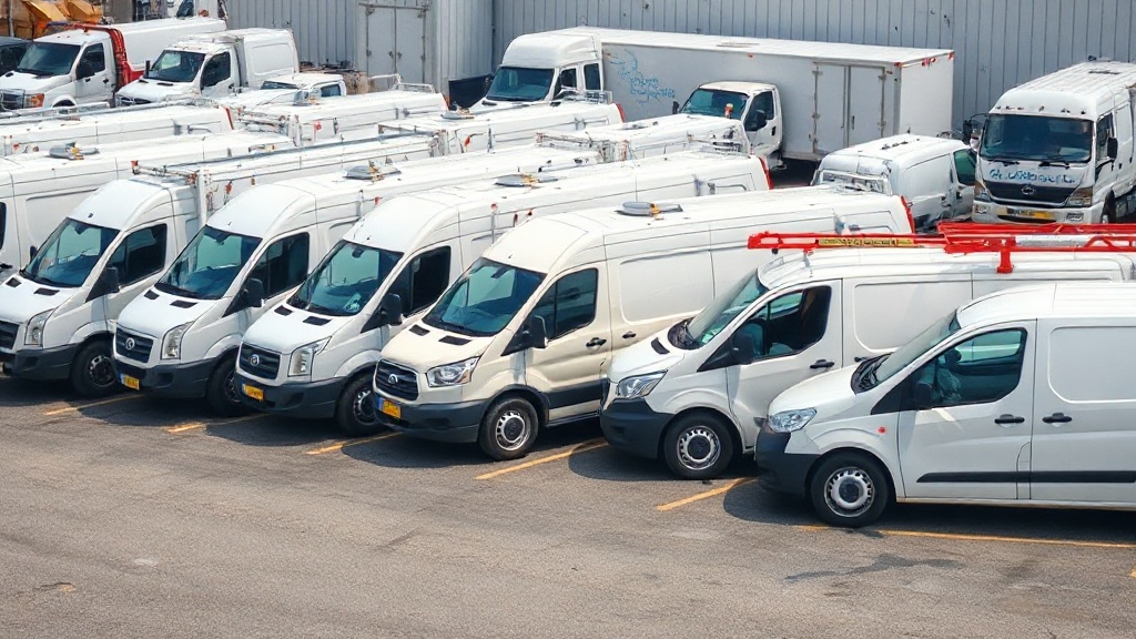 Lineup of commercial work trucks in a fleet